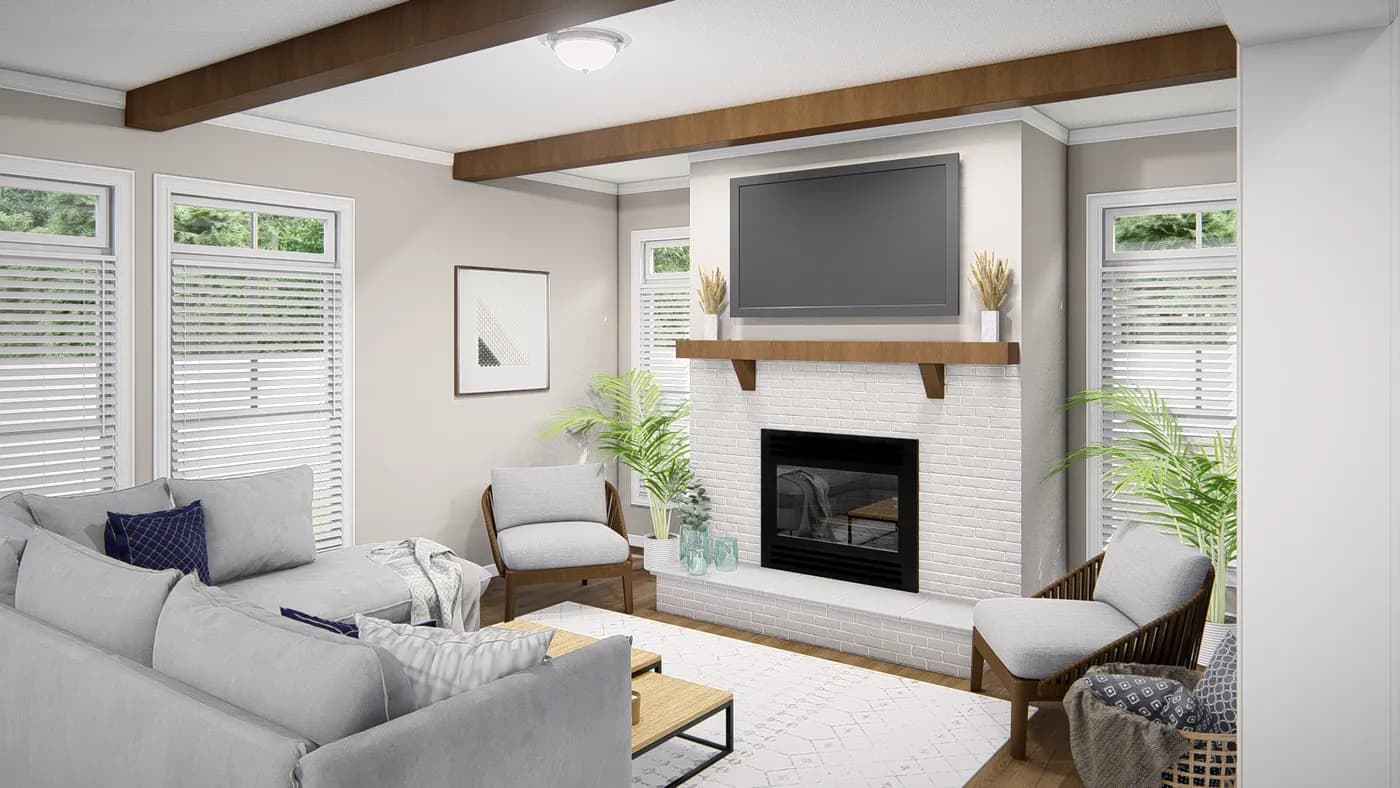 The THE VALHALLA Family Room. This Manufactured Mobile Home features 3 bedrooms and 2 baths.