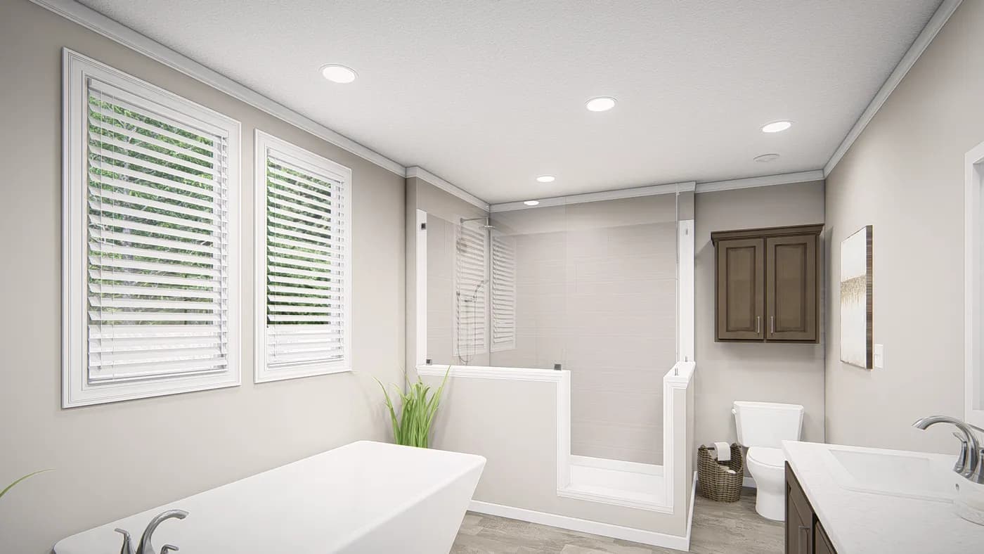 The THE RIVIERA Primary Bathroom. This Manufactured Mobile Home features 4 bedrooms and 2 baths.