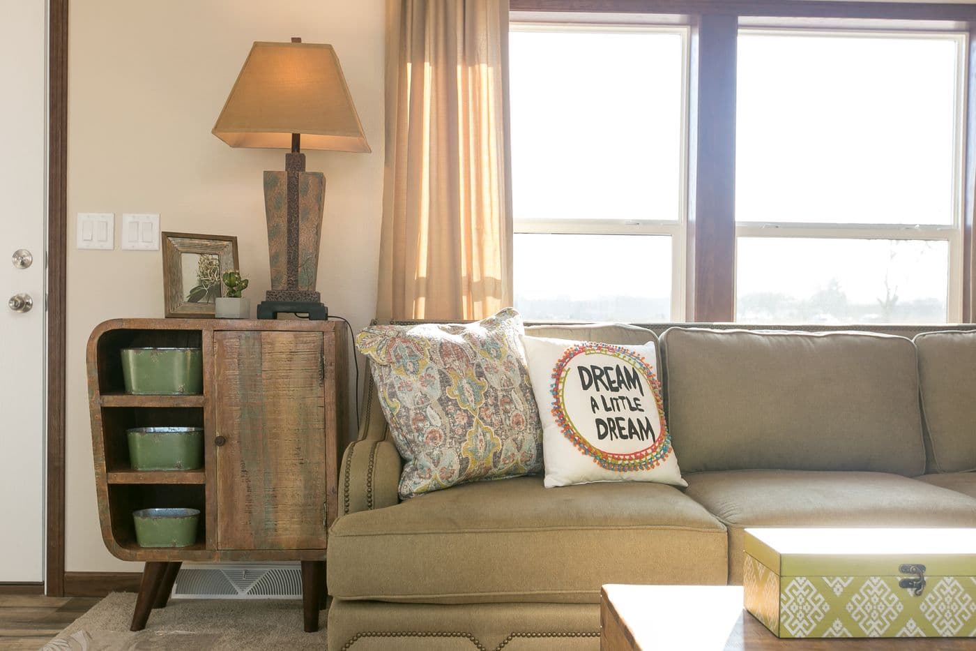 The INTEGRITY 98 MOD Living Room. This Manufactured Mobile Home features 2 bedrooms and 2 baths.