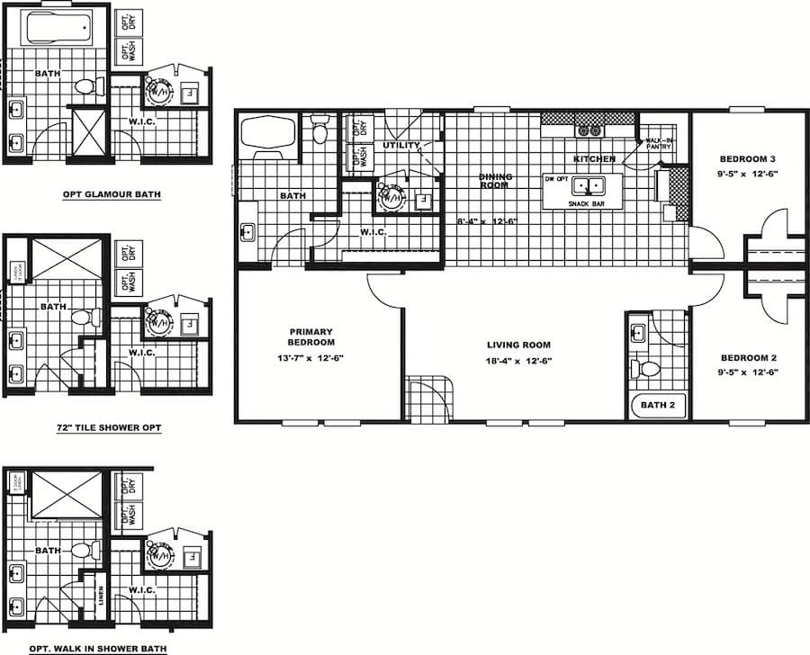 The SUNDANCE 48B Floor Plan. This Manufactured Mobile Home features 3 bedrooms and 2 baths.