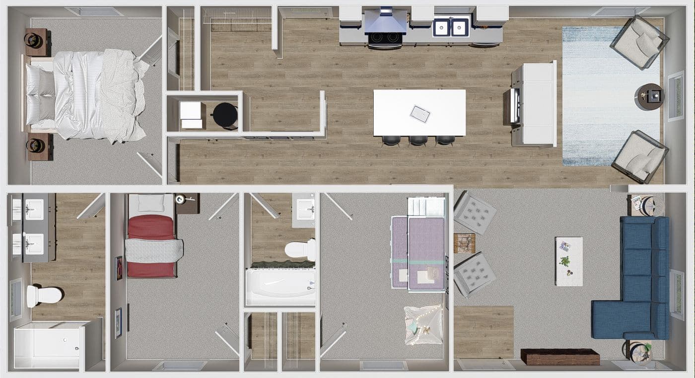 The UNDER PRESSURE Floor Plan. This Modular Home features 3 bedrooms and 2 baths.