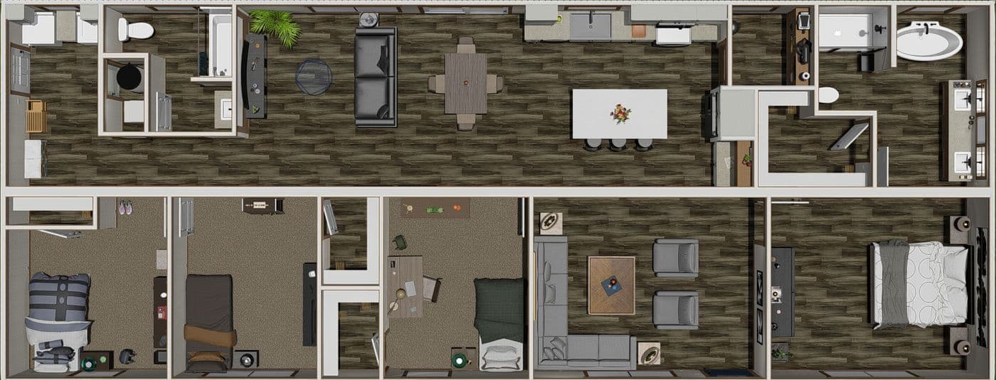 The THE ANGELINA Floor Plan. This Manufactured Mobile Home features 4 bedrooms and 2 baths.