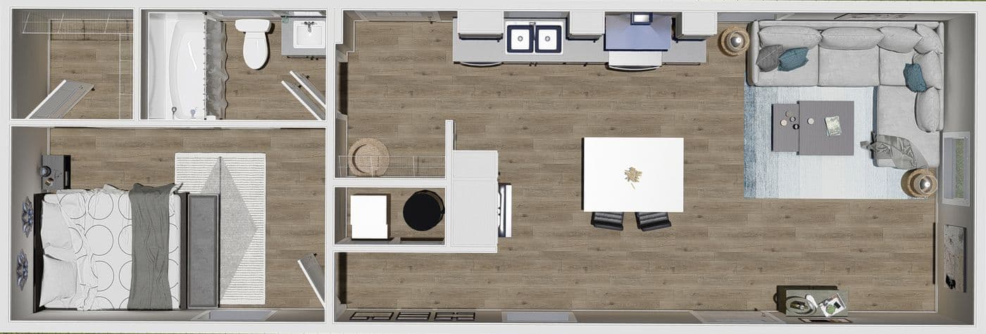 The YESTERDAY Floor Plan. This Manufactured Mobile Home features 1 bedroom and 1 bath.