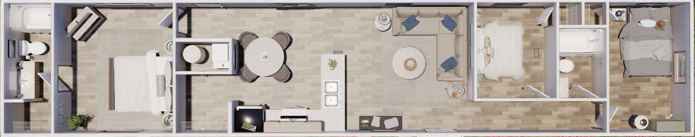 The HICKORY Floor Plan. This Manufactured Mobile Home features 3 bedrooms and 2 baths.