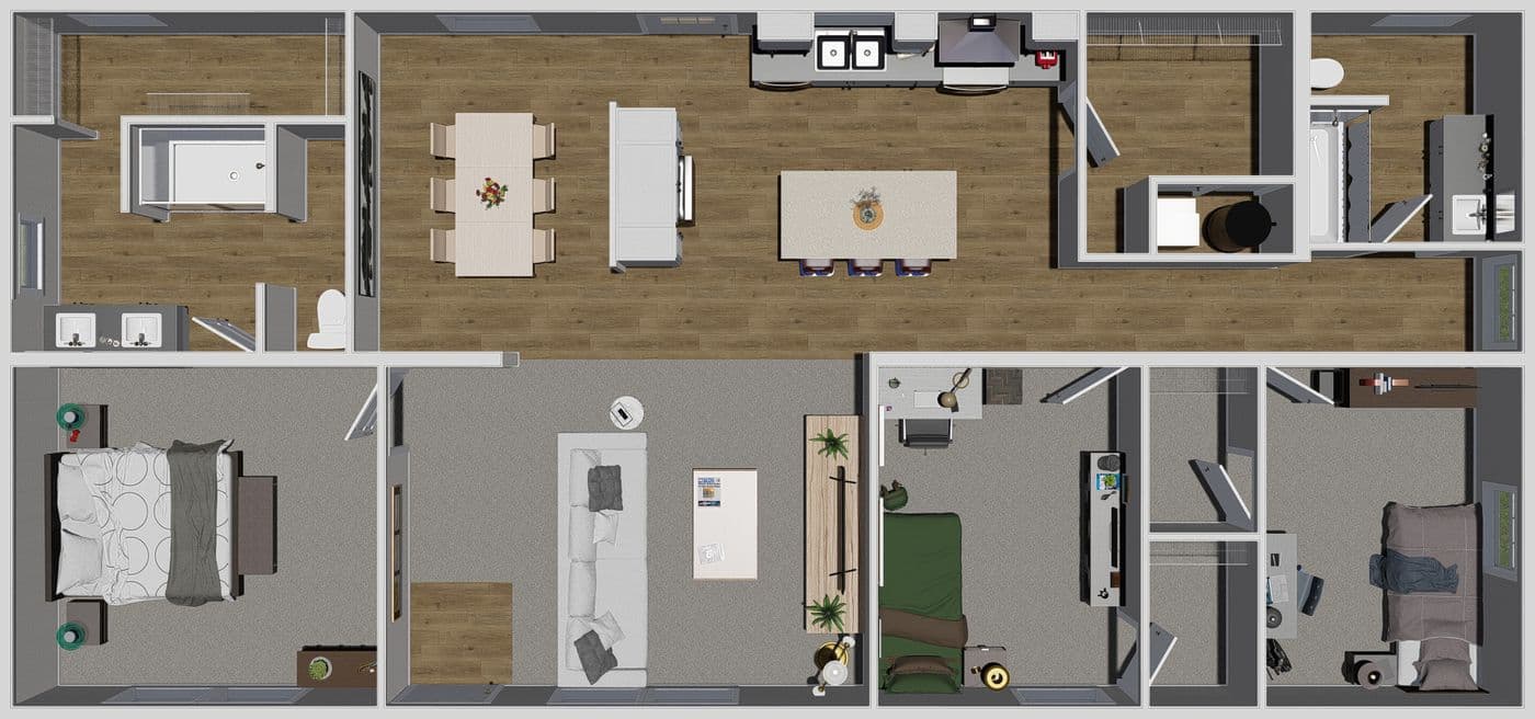The SHOUT Floor Plan. This Modular Home features 3 bedrooms and 2 baths.