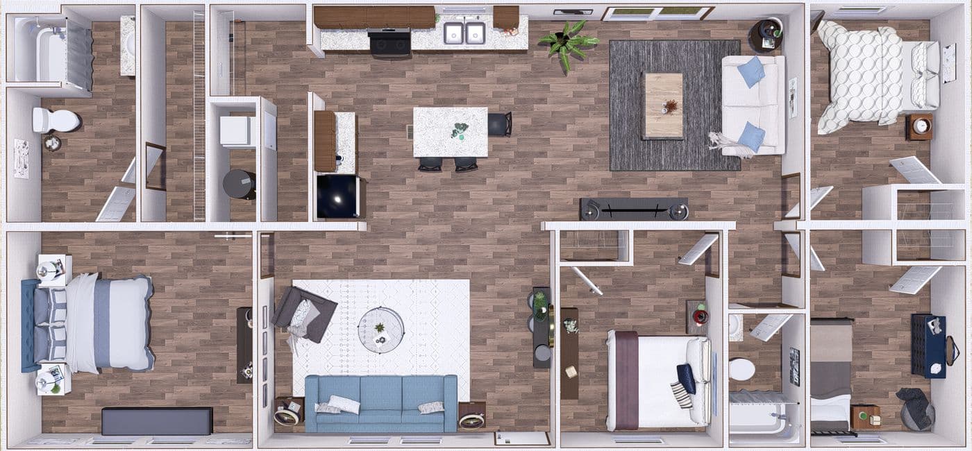 The OAK Floor Plan. This Manufactured Mobile Home features 4 bedrooms and 2 baths.