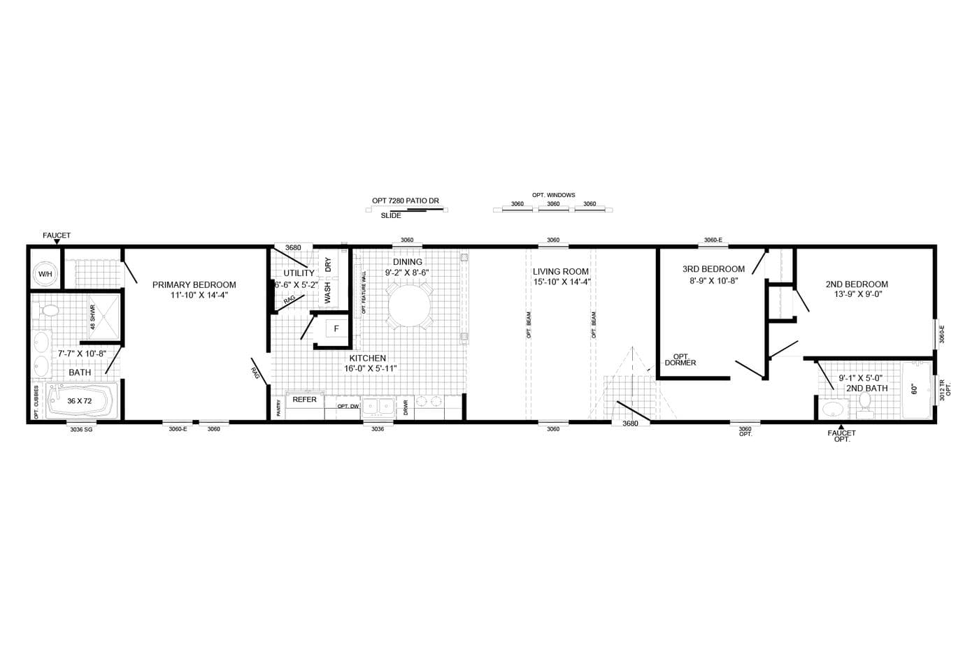 The THE WALSH Floor Plan. This Manufactured Mobile Home features 3 bedrooms and 2 baths.
