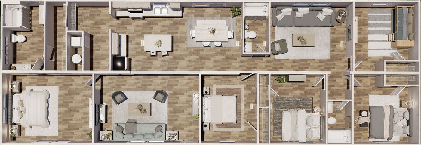 The REDWOOD Floor Plan. This Manufactured Mobile Home features 5 bedrooms and 3 baths.