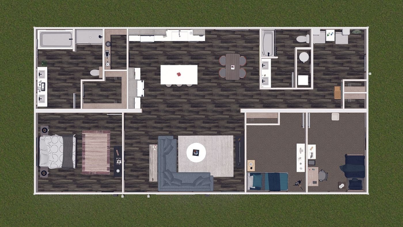 The FARM 3 FLEX ELITE Floor Plan. This Manufactured Mobile Home features 3 bedrooms and 2 baths.