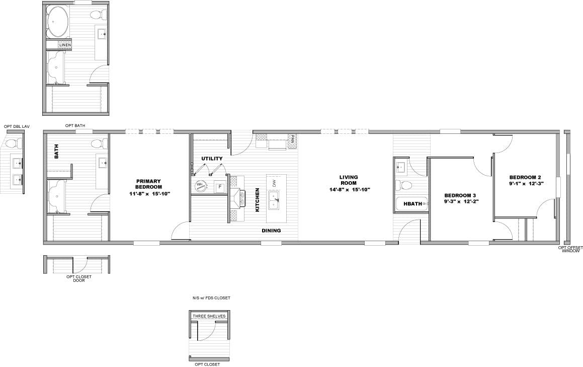 The SENSATION Floor Plan. This Manufactured Mobile Home features 3 bedrooms and 2 baths.