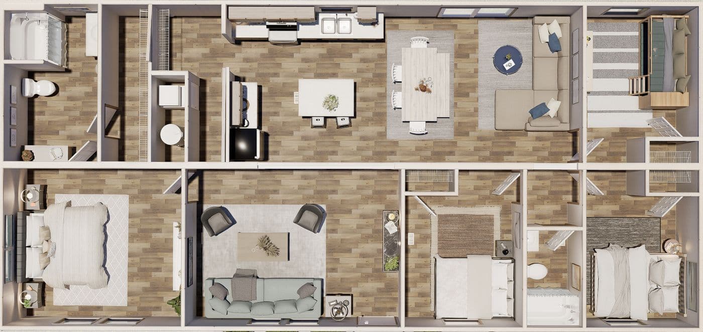 The OAK Floor Plan. This Manufactured Mobile Home features 4 bedrooms and 2 baths.