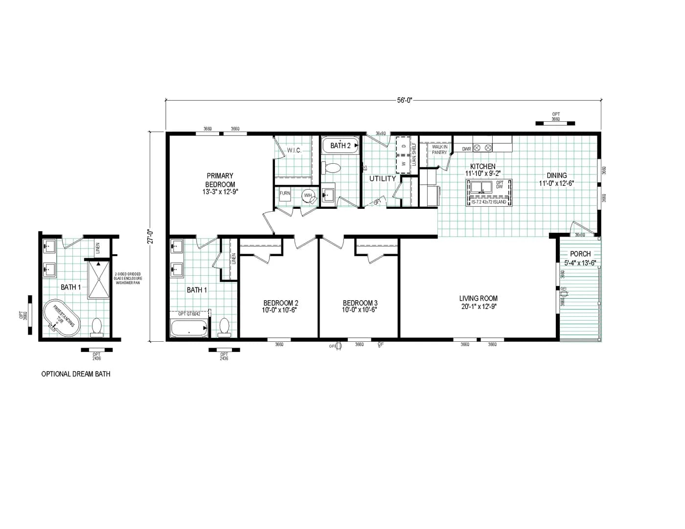 The 5628-E774P THE PULSE Floor Plan. This Manufactured Mobile Home features 3 bedrooms and 2 baths.