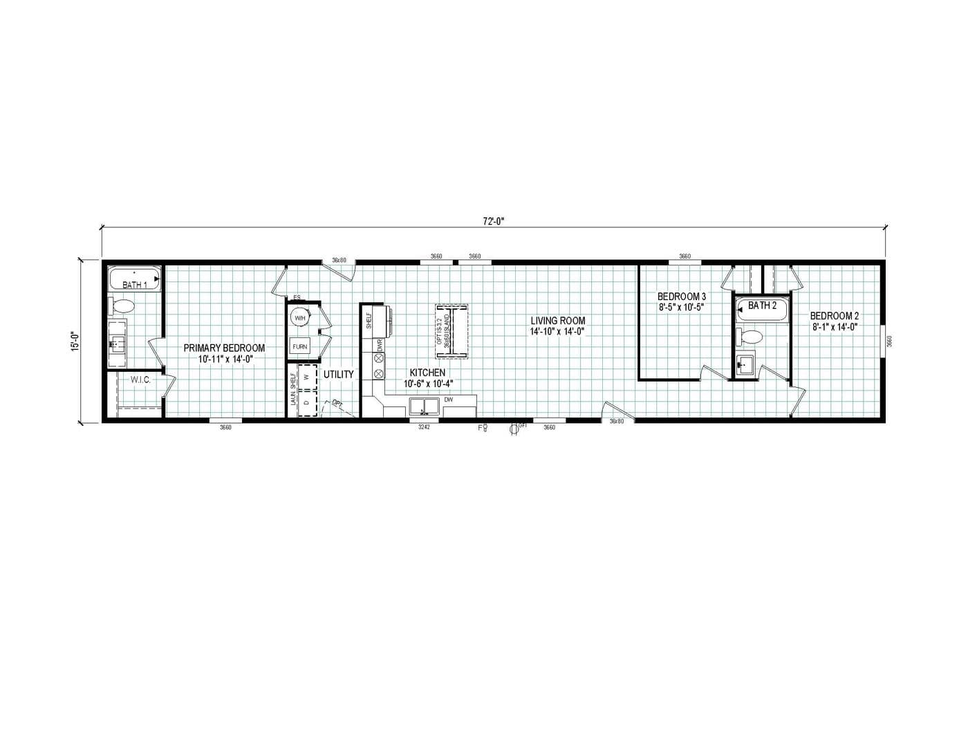 The 7216-CC01 CORNERSTONE 72 Floor Plan. This Manufactured Mobile Home features 3 bedrooms and 2 baths.