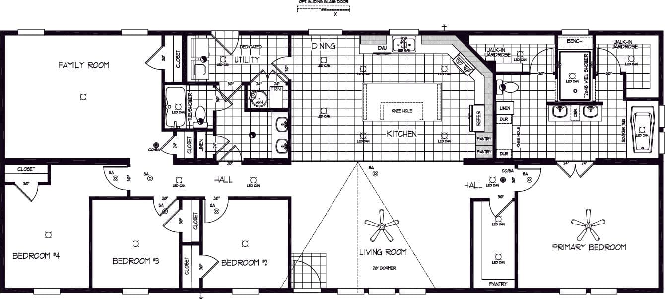 The TU3076A MEGA TUNDRA Floor Plan. This Manufactured Mobile Home features 4 bedrooms and 2 baths.
