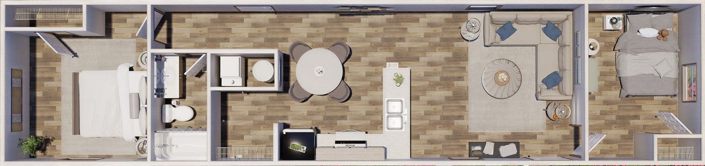 The ELM Floor Plan. This Manufactured Mobile Home features 2 bedrooms and 1 bath.