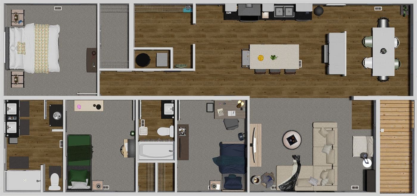 The STAYIN' ALIVE Floor Plan. This Modular Home features 3 bedrooms and 2 baths.