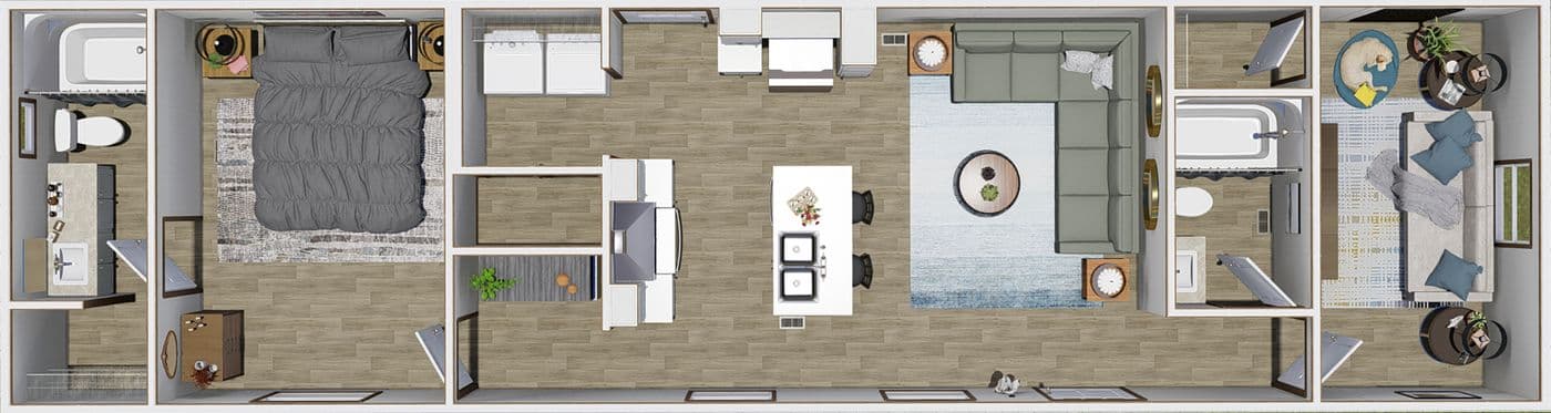 The THE SPIRIT Floor Plan. This Manufactured Mobile Home features 2 bedrooms and 2 baths.
