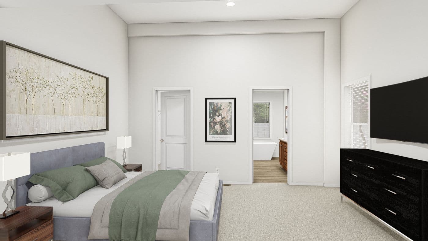 The QL604K CLAYTON Primary Bedroom. This Manufactured Mobile Home features 4 bedrooms and 2 baths.