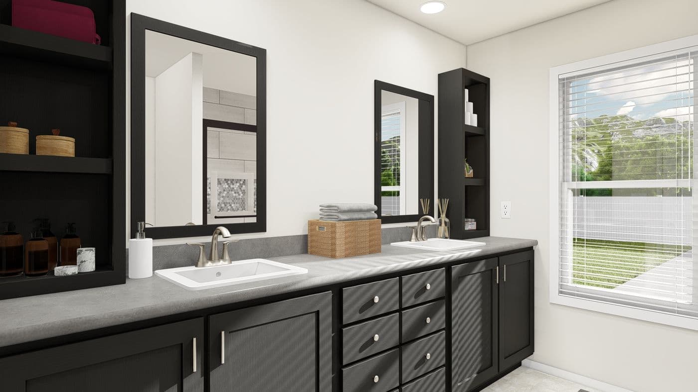 The ING524F WISTERIA GW Primary Bathroom. This Manufactured Mobile Home features 3 bedrooms and 2 baths.