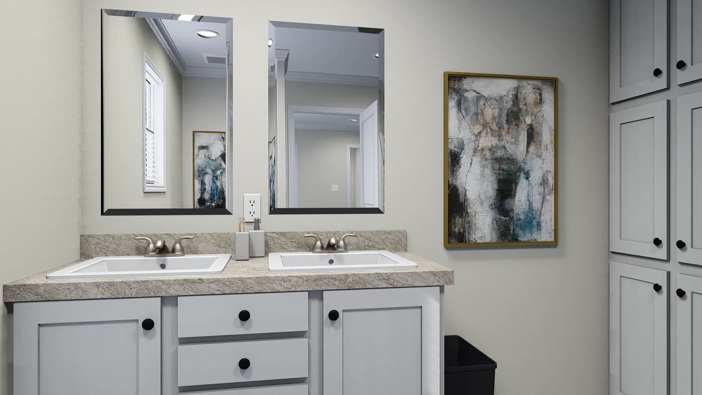 The 7010 "YADKIN" 7616 Primary Bathroom. This Manufactured Mobile Home features 3 bedrooms and 2 baths.
