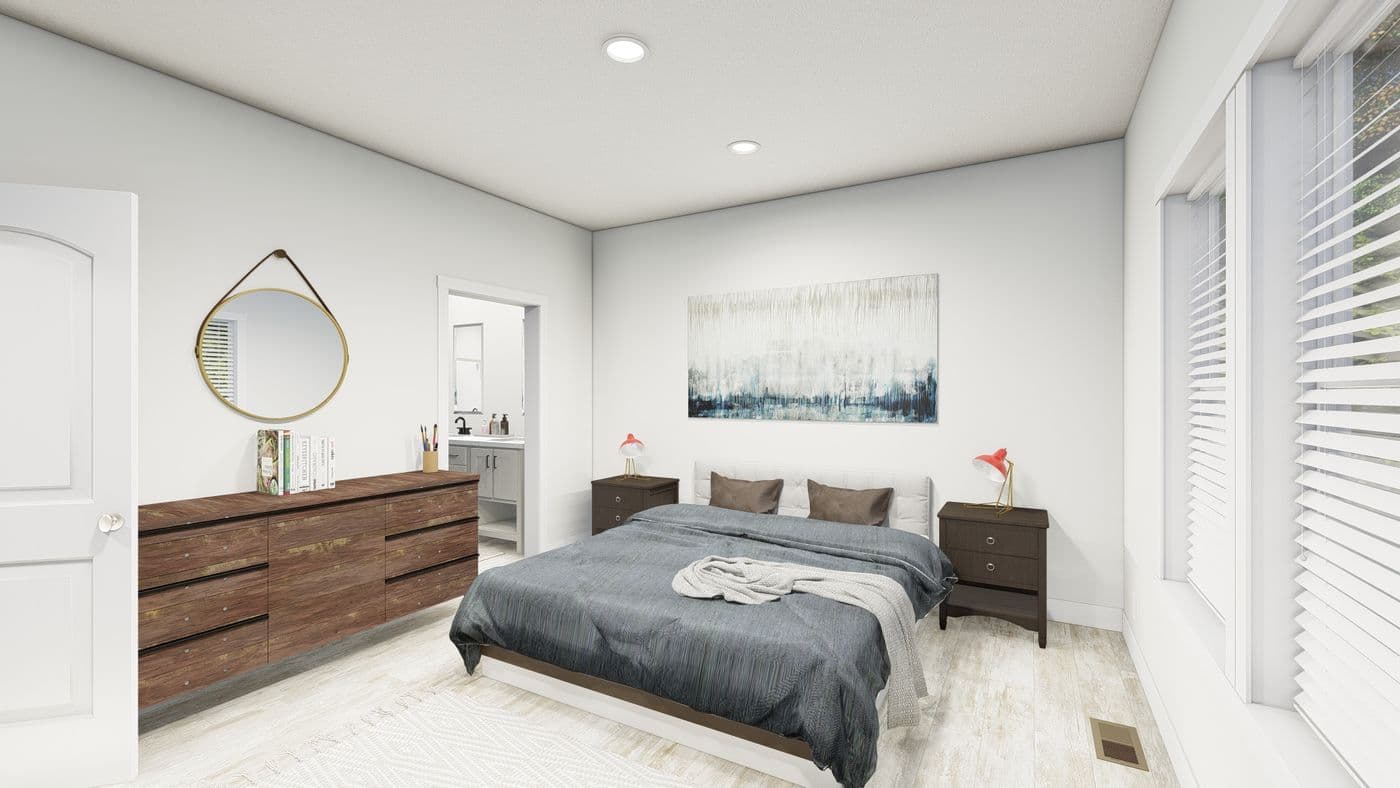 The HIP-2856-3C BOSTON Primary Bedroom. This Manufactured Mobile Home features 3 bedrooms and 2 baths.
