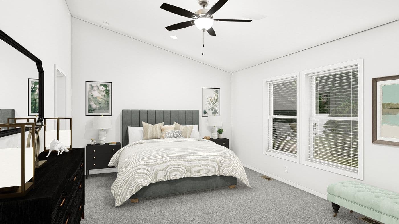 The ING564F SHASTA GW Primary Bedroom. This Manufactured Mobile Home features 3 bedrooms and 2 baths.
