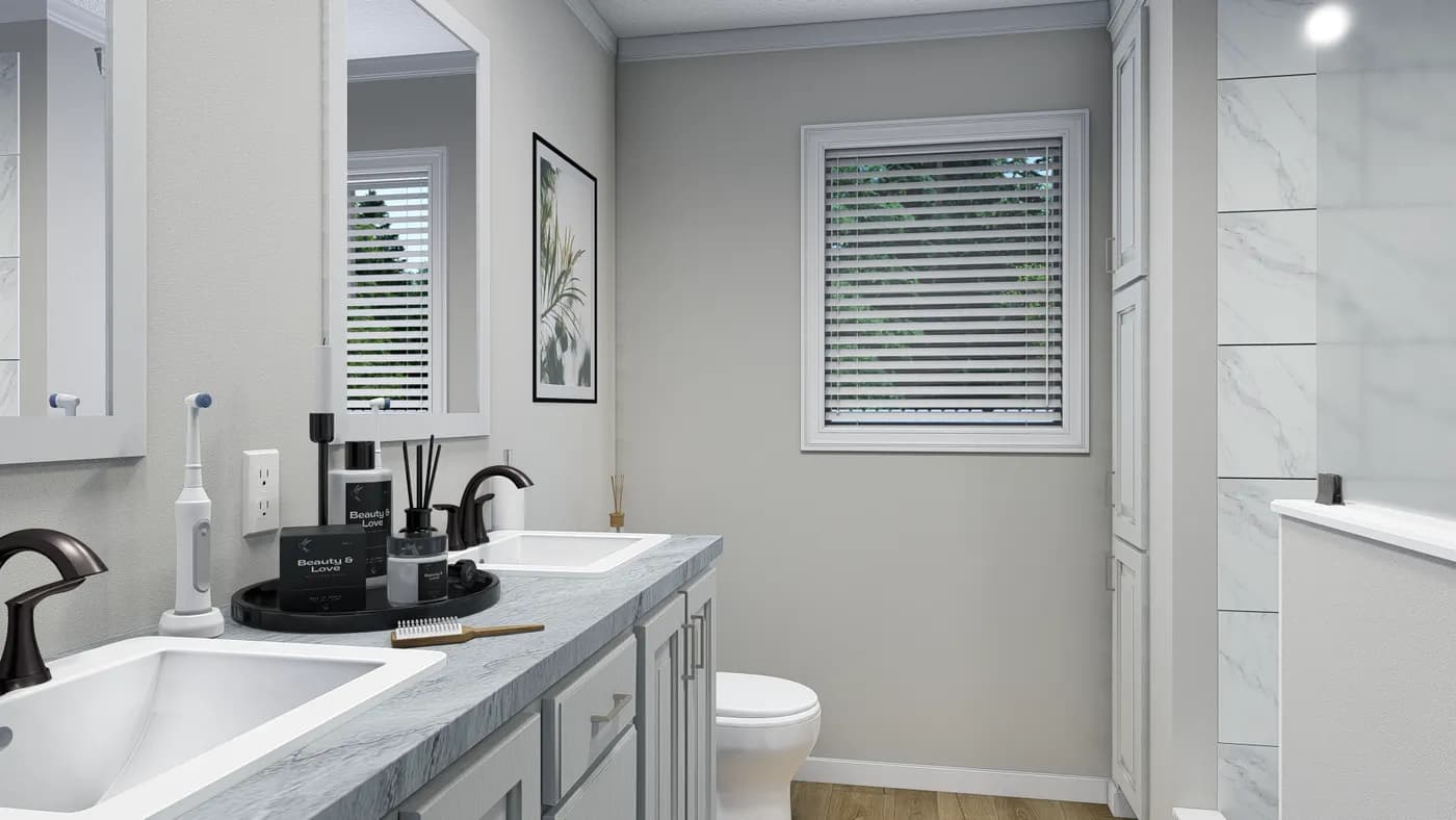 The THE WAVERLY Primary Bathroom. This Manufactured Mobile Home features 3 bedrooms and 2 baths.