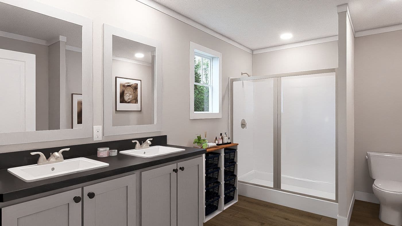 The ROCKET MAN Primary Bathroom. This Modular Home features 3 bedrooms and 2 baths.