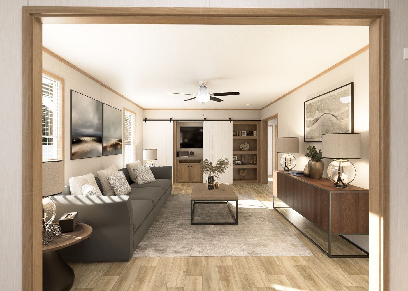The THE RESERVE 76 Living Room. This Manufactured Mobile Home features 4 bedrooms and 2 baths.
