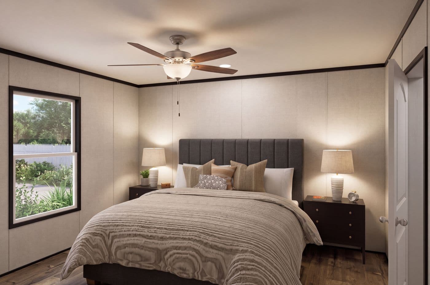 The THE MOUNTAINEER 48 Primary Bedroom. This Manufactured Mobile Home features 3 bedrooms and 2 baths.