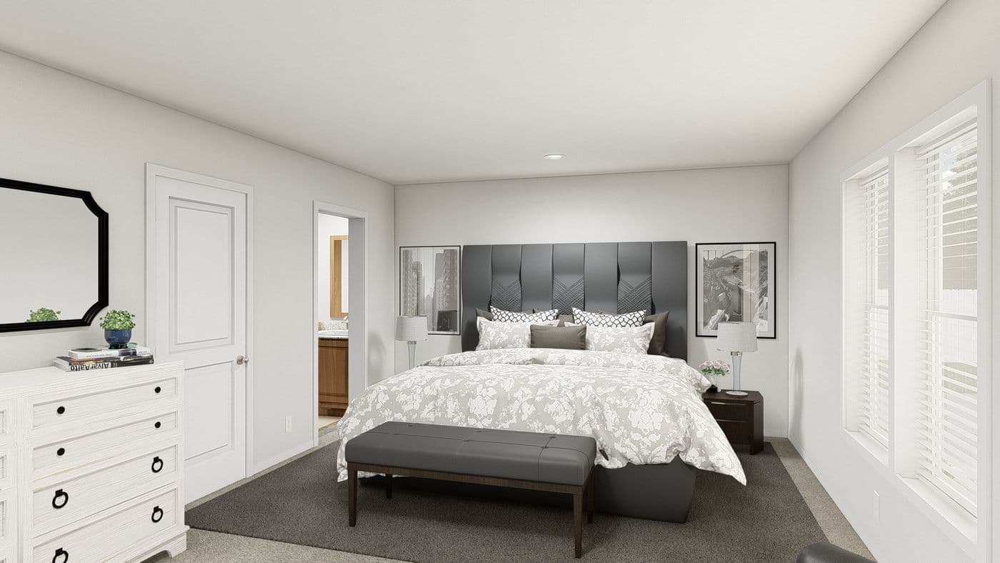 The DRM711F 71' DREAM Primary Bedroom. This Manufactured Mobile Home features 5 bedrooms and 3 baths.