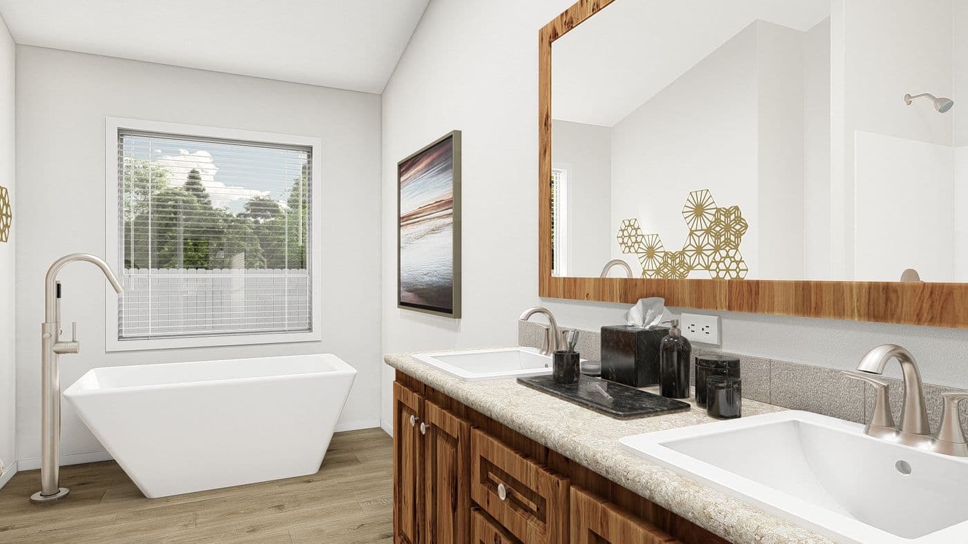 The QL604K CLAYTON Primary Bathroom. This Manufactured Mobile Home features 4 bedrooms and 2 baths.