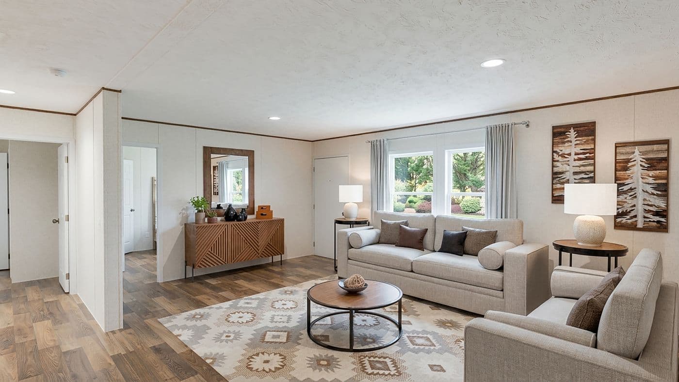 The MAPLE Living Room. This Manufactured Mobile Home features 3 bedrooms and 2 baths.