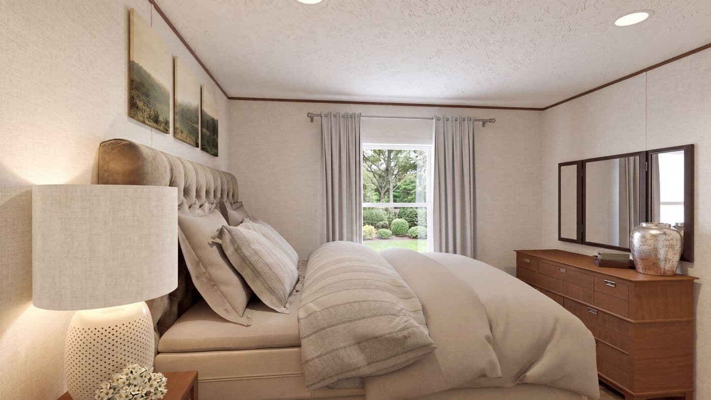 The ELM Primary Bedroom. This Manufactured Mobile Home features 2 bedrooms and 1 bath.