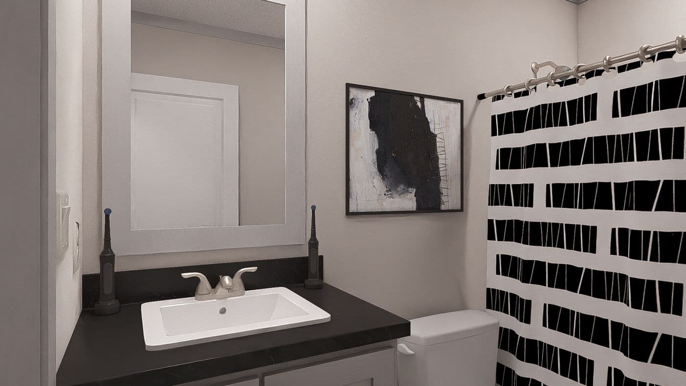 The JOHNNY B GOODE Guest Bathroom. This Modular Home features 3 bedrooms and 2 baths.