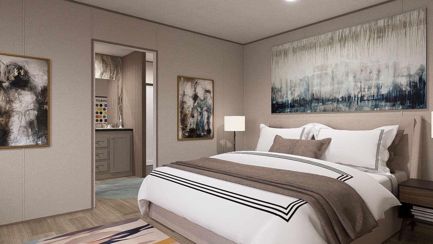 The BLAZER 66 F Primary Bedroom. This Manufactured Mobile Home features 3 bedrooms and 2 baths.