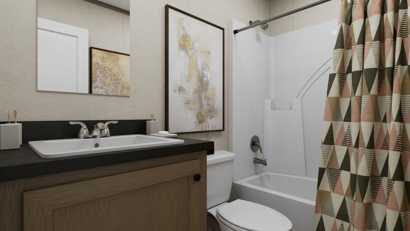 The 5616-CC01 CORNERSTONE 56 Guest Bathroom. This Manufactured Mobile Home features 2 bedrooms and 2 baths.