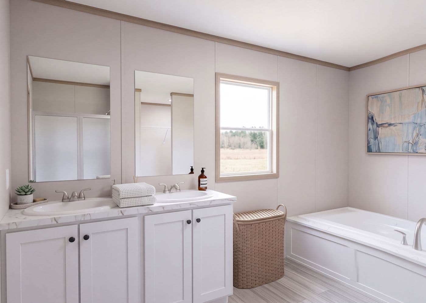 The THE MOUNTAINEER 76 Primary Bathroom. This Manufactured Mobile Home features 4 bedrooms and 2 baths.