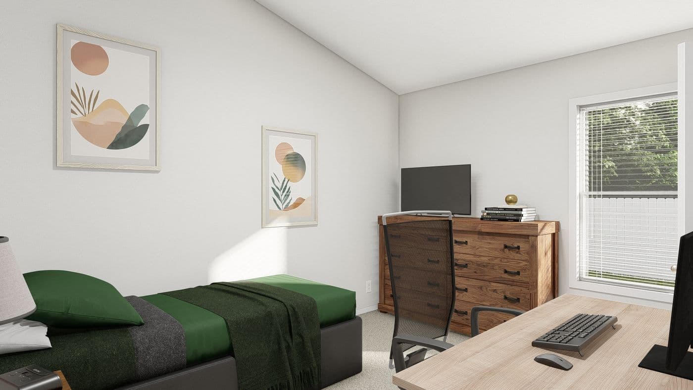 The QL604K CLAYTON Bedroom. This Manufactured Mobile Home features 4 bedrooms and 2 baths.