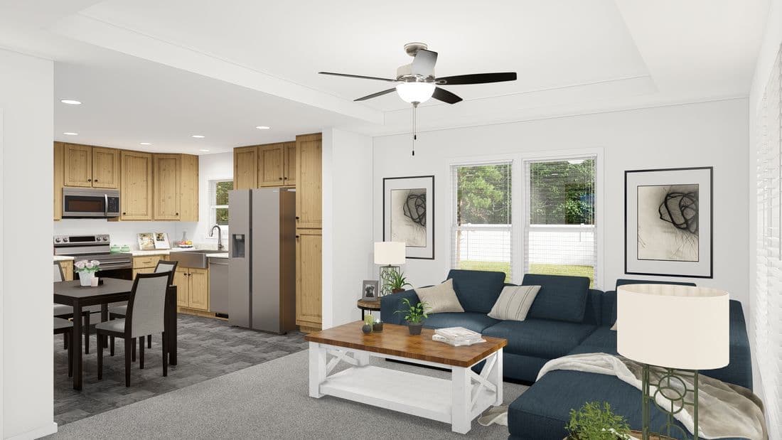The INS382F REDWOOD II CLAYTON Living Room. This Manufactured Mobile Home features 2 bedrooms and 2 baths.