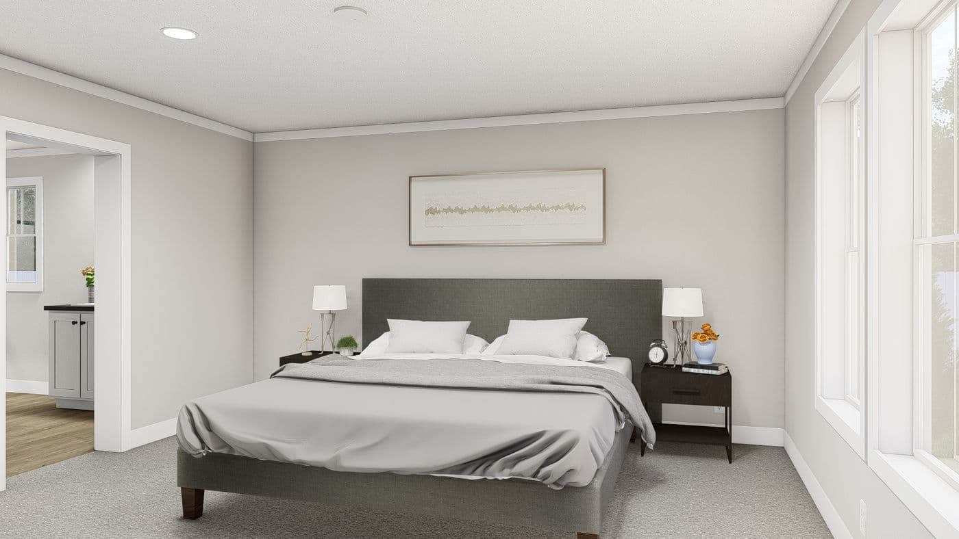 The LIMELIGHT Primary Bedroom. This Manufactured Mobile Home features 3 bedrooms and 2 baths.