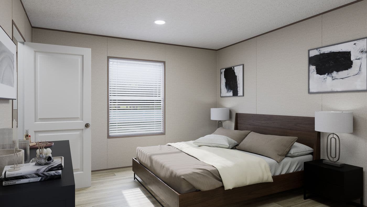The GLACIER VISTA Primary Bedroom. This Manufactured Mobile Home features 4 bedrooms and 2 baths.