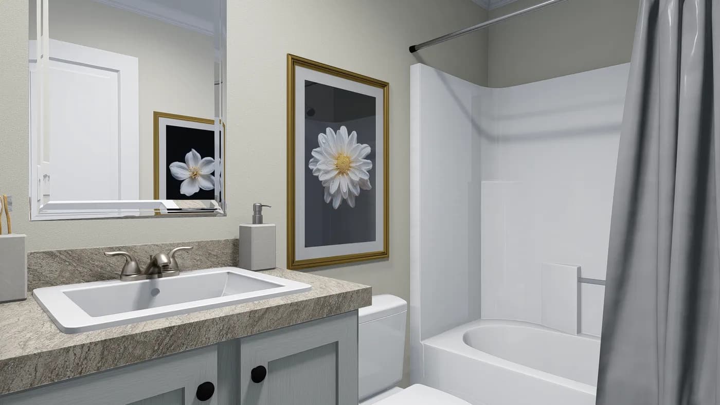 The 930 "HOLDEN" 7616 Guest Bathroom. This Manufactured Mobile Home features 3 bedrooms and 2 baths.