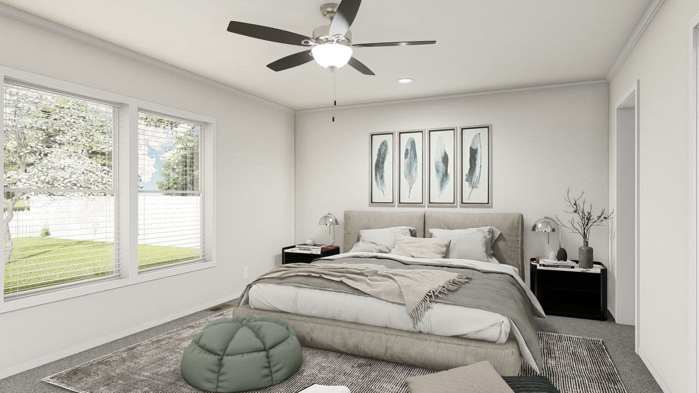 The DRM601F 60' DREAM Primary Bedroom. This Manufactured Mobile Home features 4 bedrooms and 2 baths.