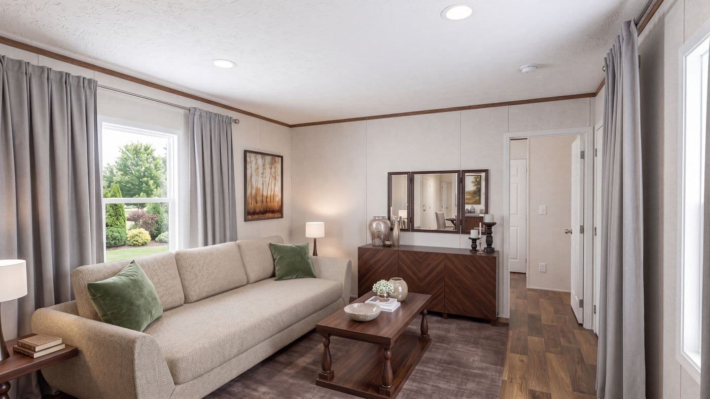 The ELM Living Room. This Manufactured Mobile Home features 2 bedrooms and 1 bath.