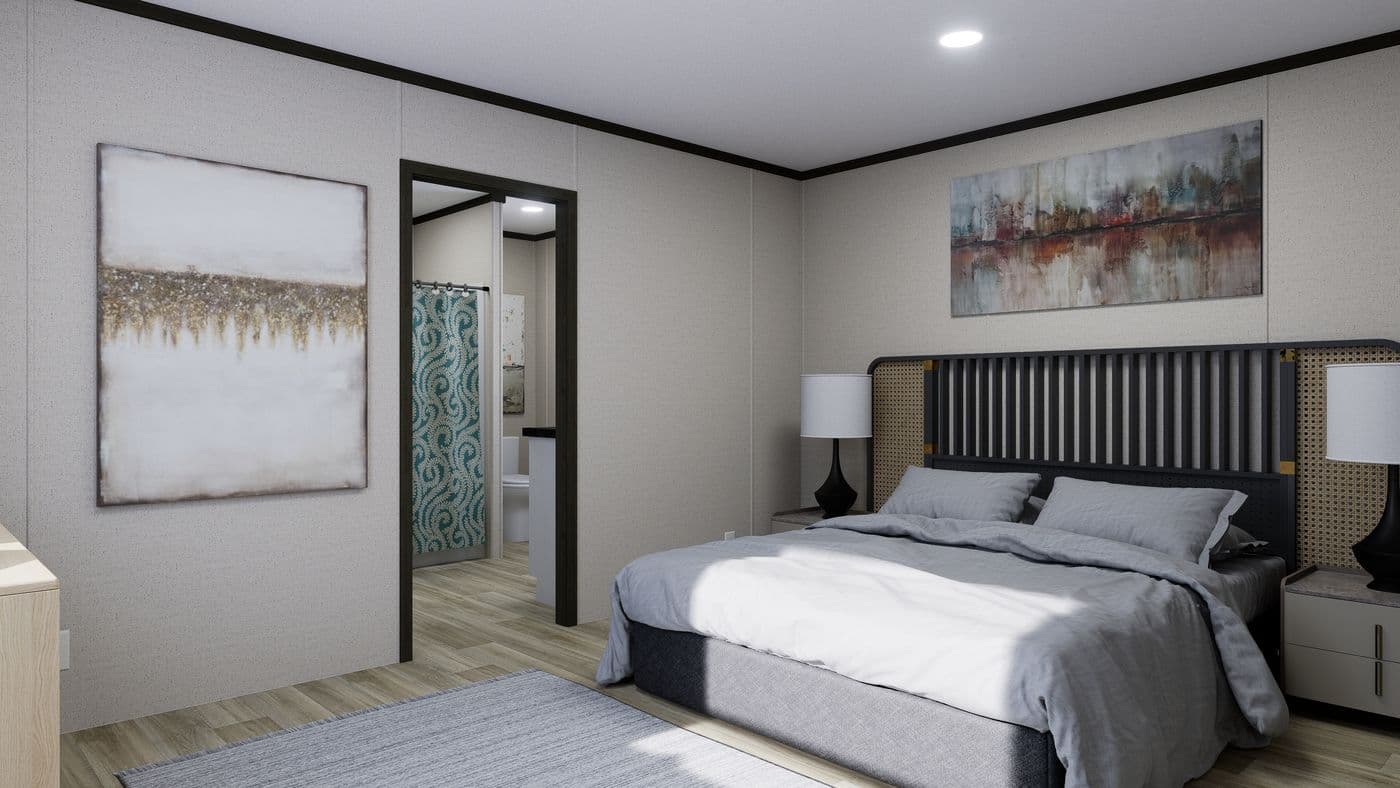 The THE SPARK Primary Bedroom. This Manufactured Mobile Home features 3 bedrooms and 2 baths.