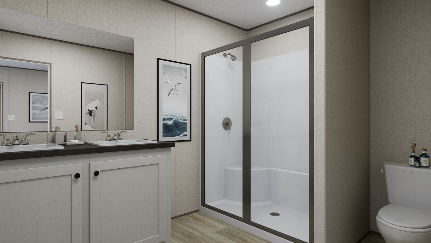 The ROCKY CREST Primary Bathroom. This Manufactured Mobile Home features 3 bedrooms and 2 baths.