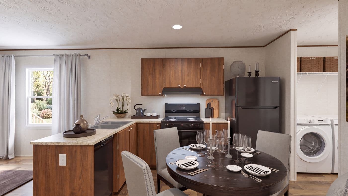 The ELM Kitchen. This Manufactured Mobile Home features 2 bedrooms and 1 bath.
