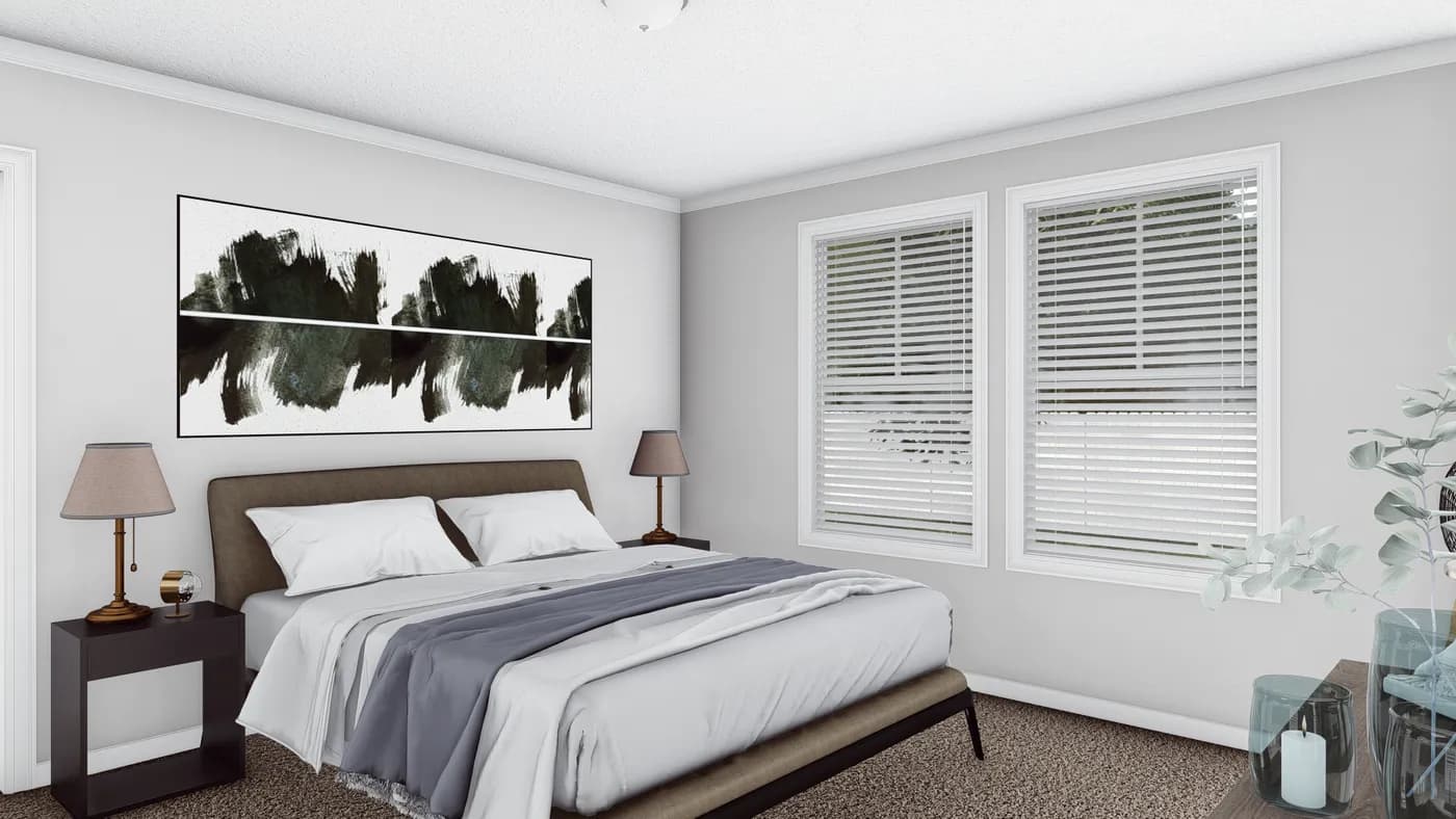The THE SOUTHERN CHARM Primary Bedroom. This Manufactured Mobile Home features 3 bedrooms and 2 baths.