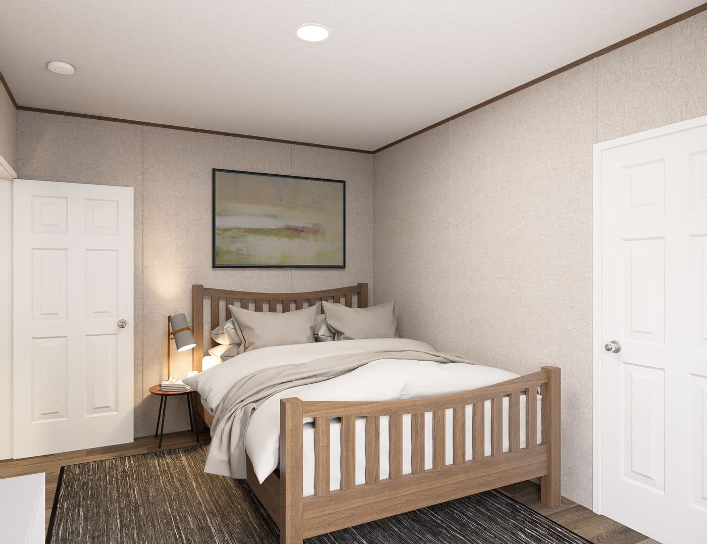 The SPRUCE Guest Bedroom. This Manufactured Mobile Home features 3 bedrooms and 2 baths.